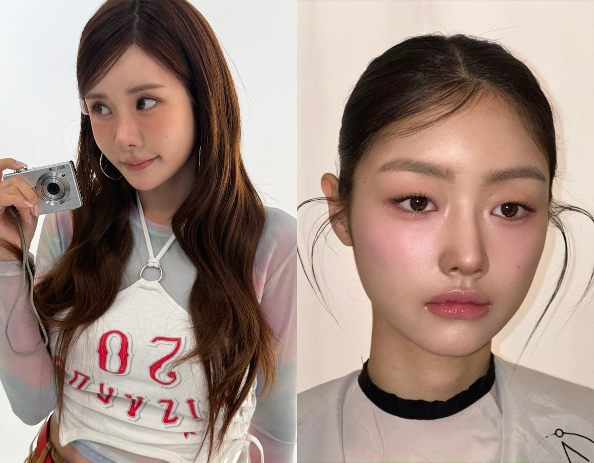 Two side-by-side portraits showing K-beauty styles: left long wavy brown hair, pastel mesh top and holding a compact camera; right sleek pulled-back hair with wispy face-framing strands and salon cape.