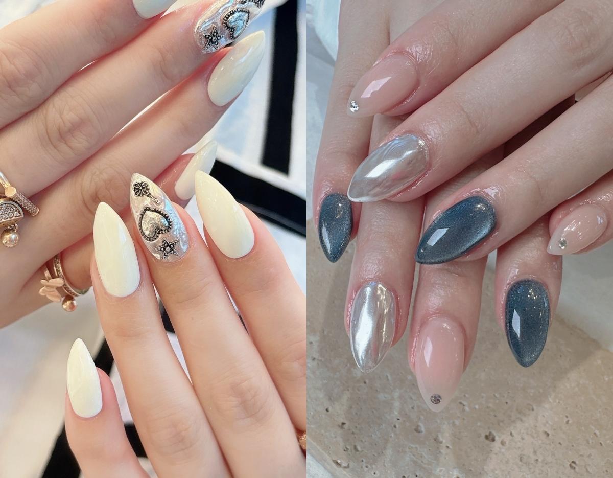 Split image showing two sets of almond-shaped gel nails: left cream with silver heart/star charms, right metallic chrome, navy shimmer and nude gems