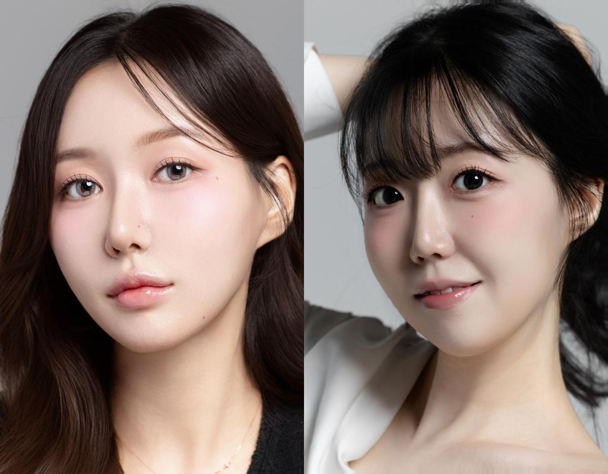 side-by-side before-and-after portraits showing long dark brown hair styled straight on left and voluminous black updo on right, neutral gray background