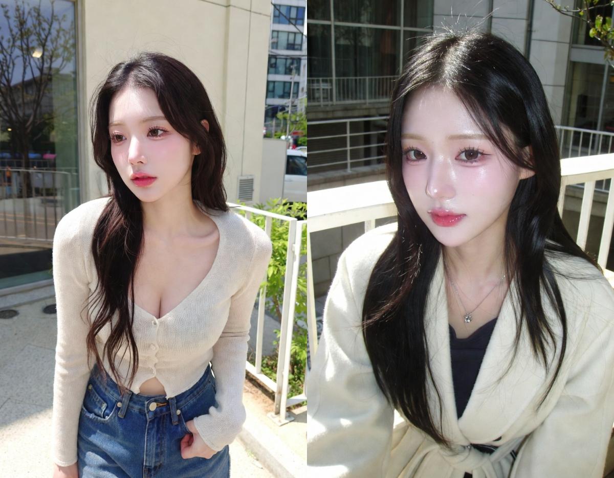 two women with long dark hair standing outdoors near a white railing, wearing light cardigans and casual tops, split-frame composition