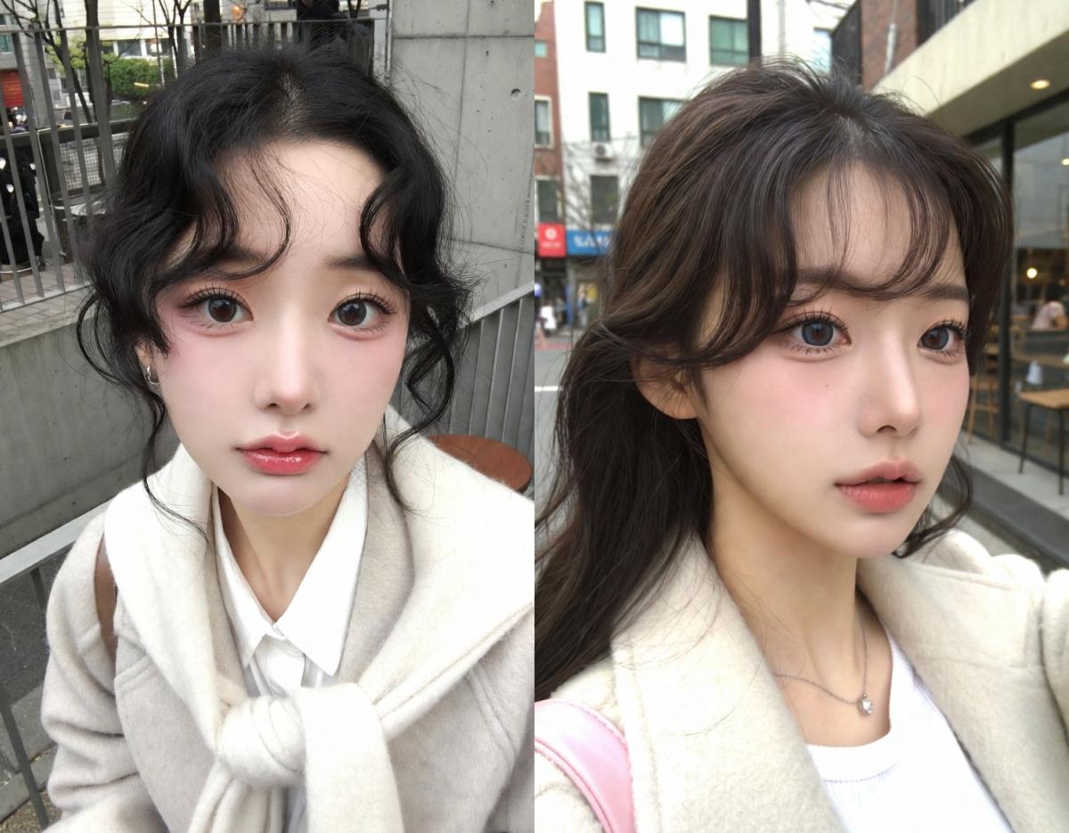 side-by-side before-and-after outdoor photos showing a woman with short curly dark hair transformed to longer, straightened brown hair