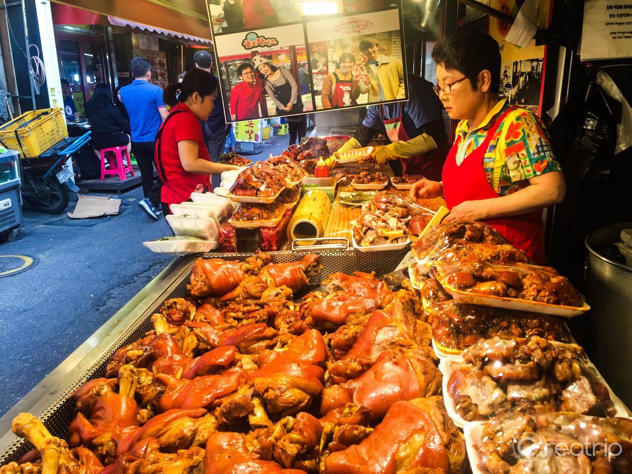Spicy jokbal (pig's feet) dish from Changsin-dong, a popular seafood market in Korea.
