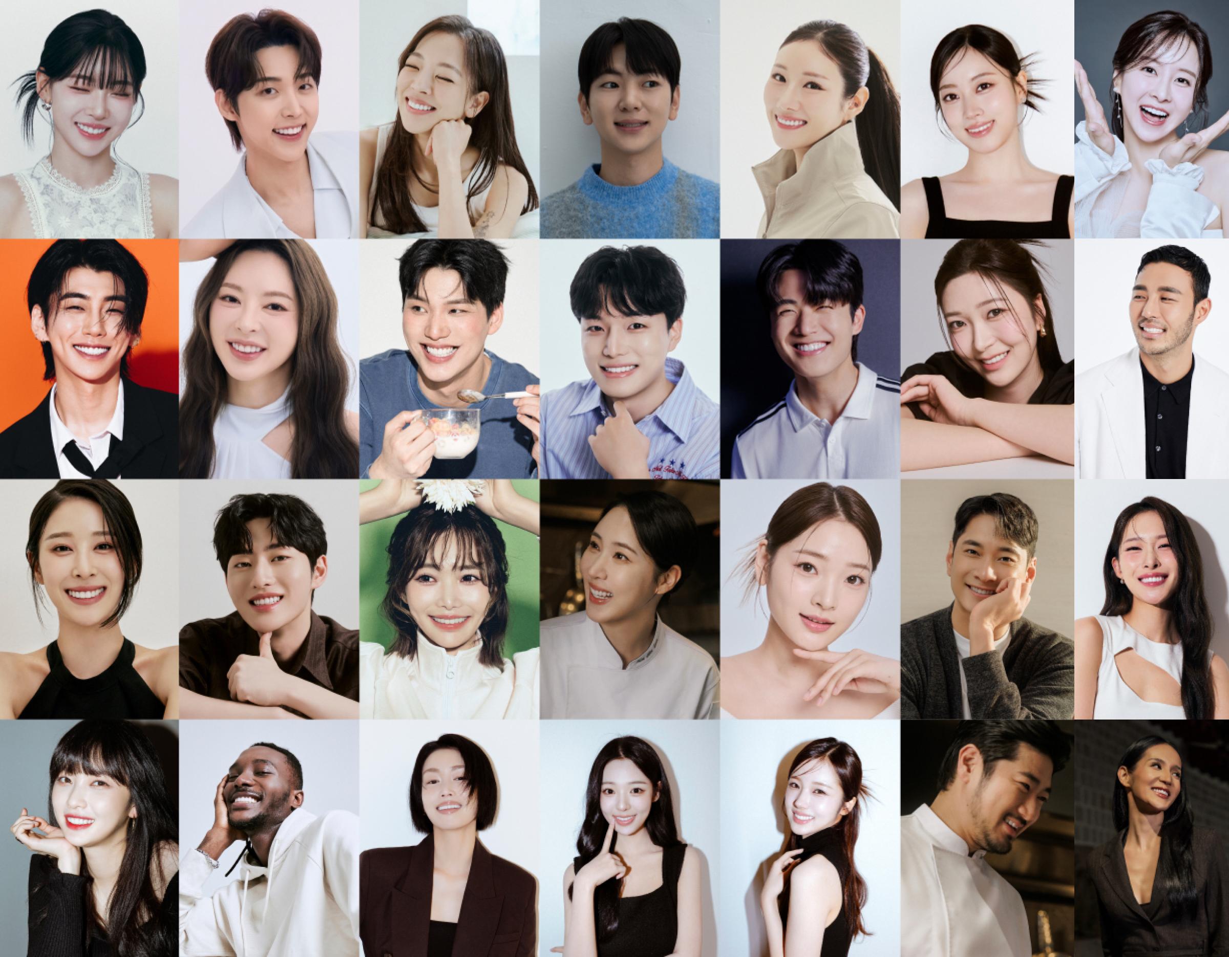 grid of 30 diverse smiling headshots and portraits arranged in five rows, studio-style with varied poses and expressions