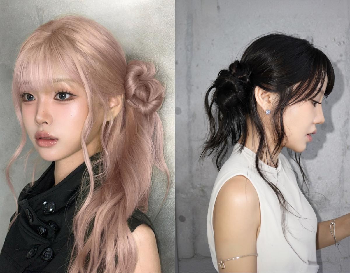 ORARE Cheongdam salon split image showing two women with loose low buns and face-framing tendrils, one with pink long waves, one with dark hair.