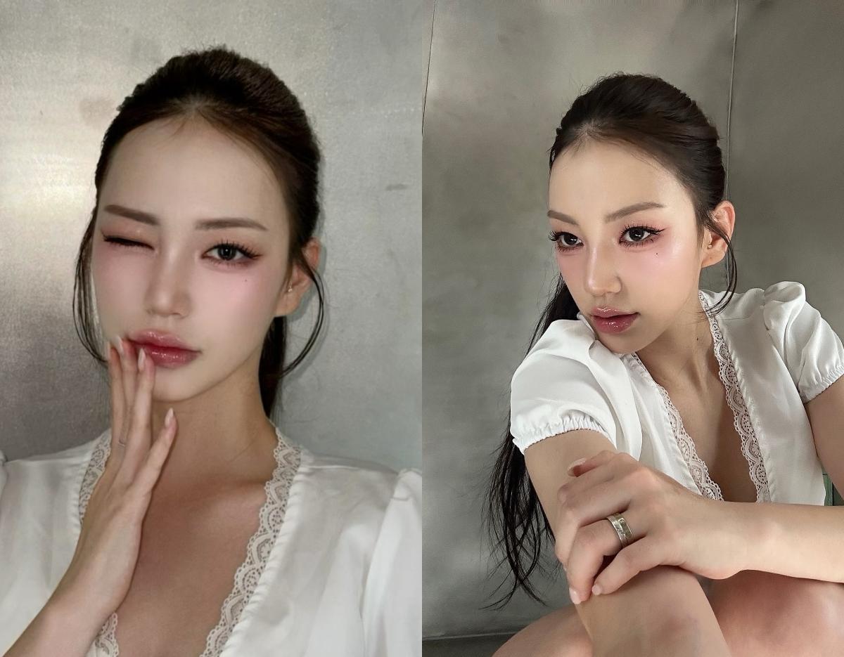 woman with dark hair in a white lace-trim blouse posing against a gray wall, shown in two side-by-side portrait views