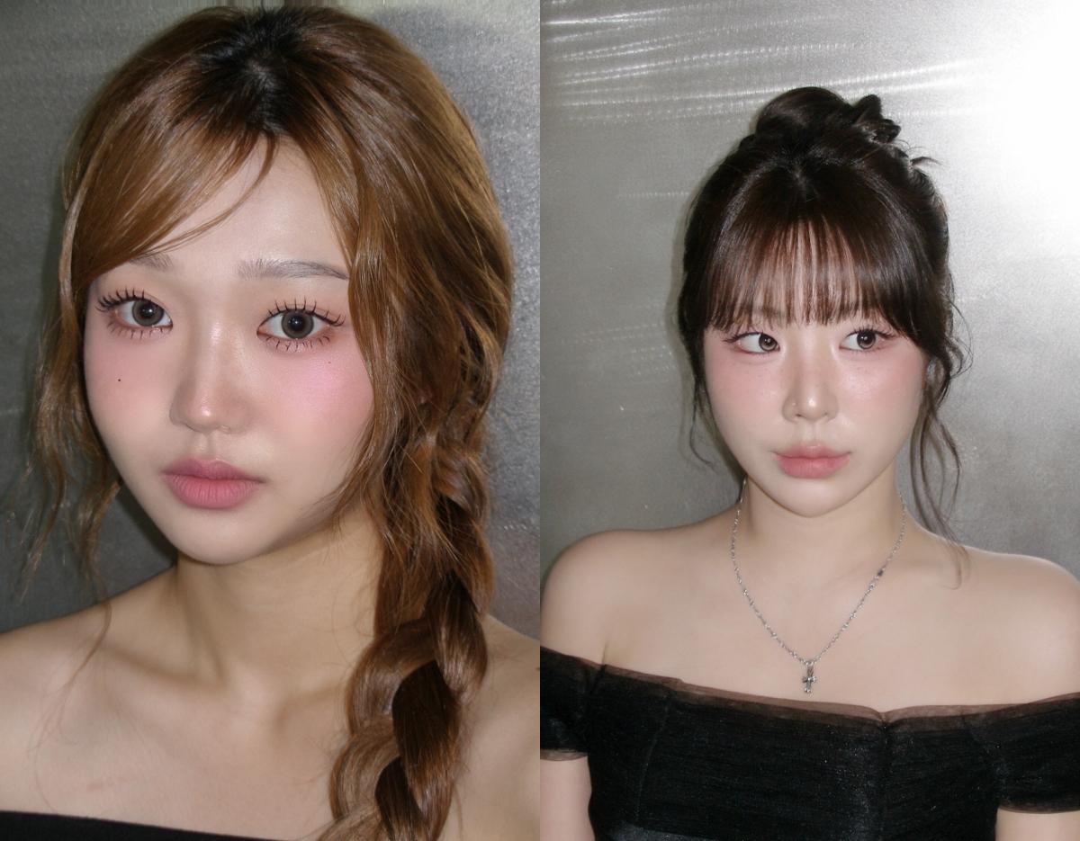 ORARE Cheongdam salon before-and-after: left soft side braid with loose waves, right elegant updo with off-shoulder dress and necklace.