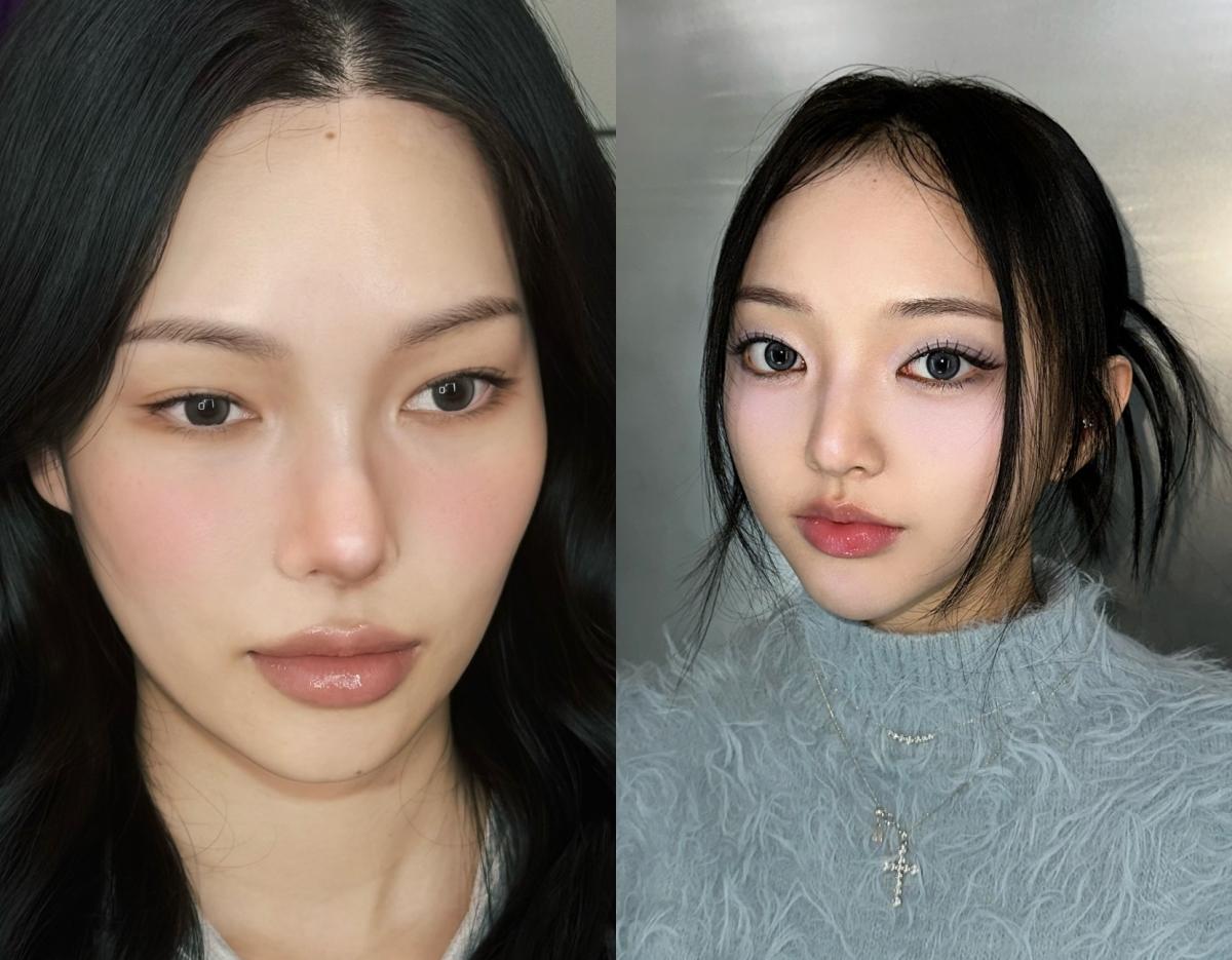 split before-and-after collage showing long glossy black hair styled in loose waves on left and shorter black hair pulled into low messy ponytail on right, fuzzy blue sweater visible