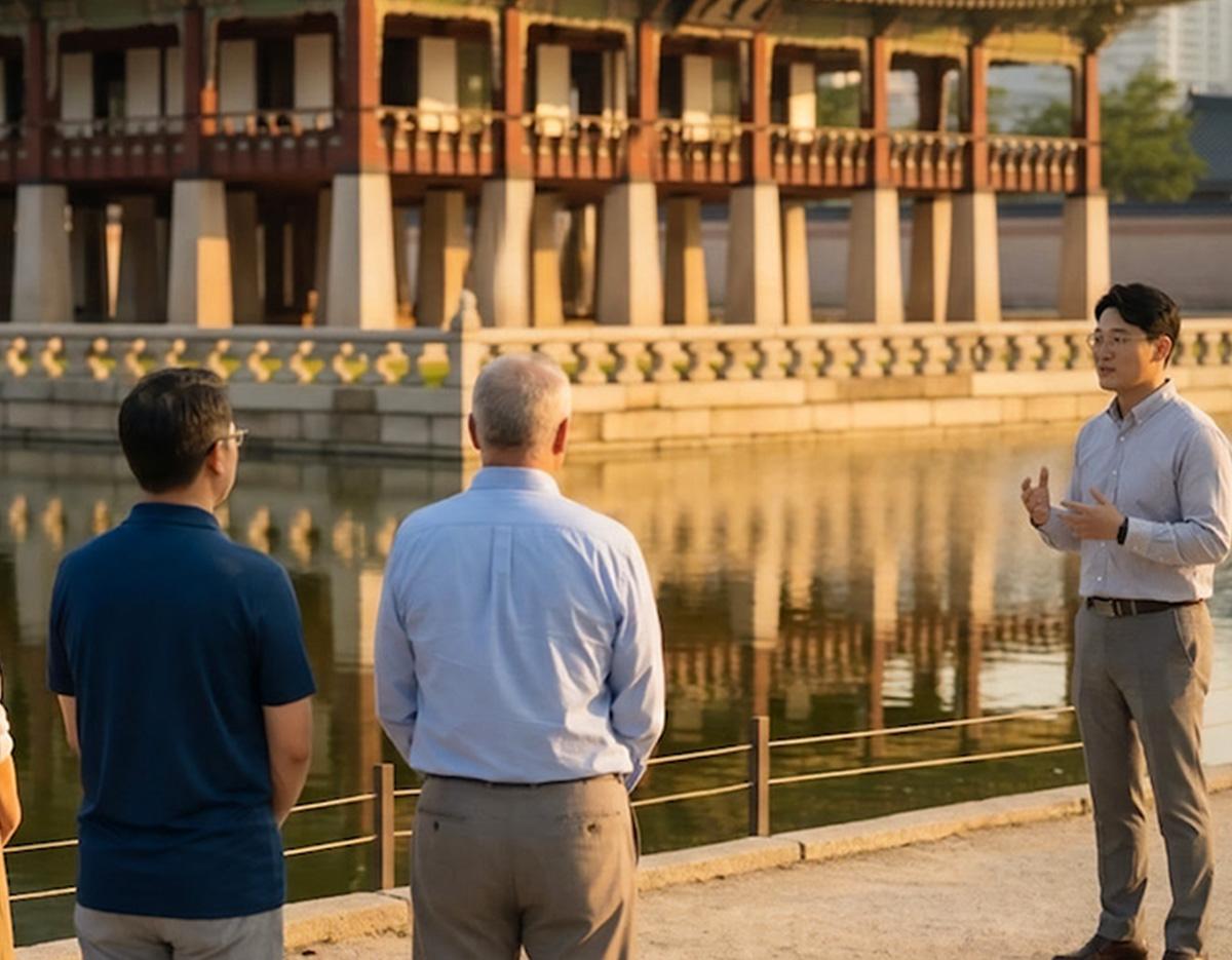 Tour guide speaking to three visitors beside a reflective palace pond with a wooden pavilion and stone balustrade in background.