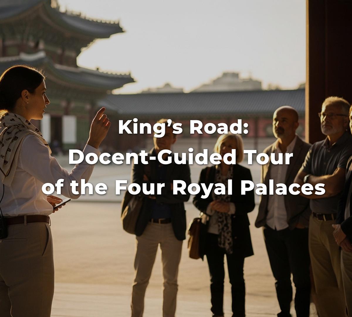 Tour guide speaking to a small group in front of traditional Korean palace buildings at golden hour, faces blurred