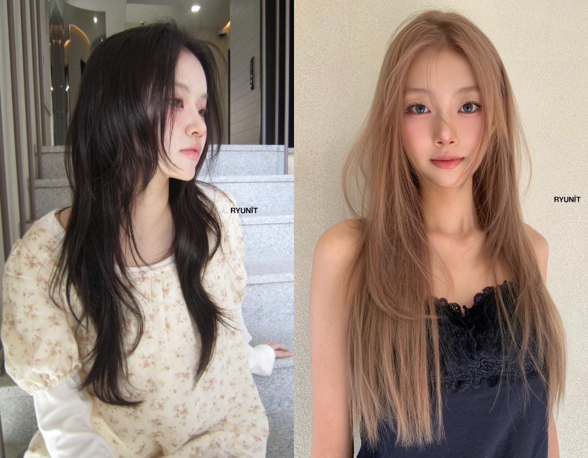 split before-and-after collage showing long dark layered hair on left and straight light ash brown long hair on right