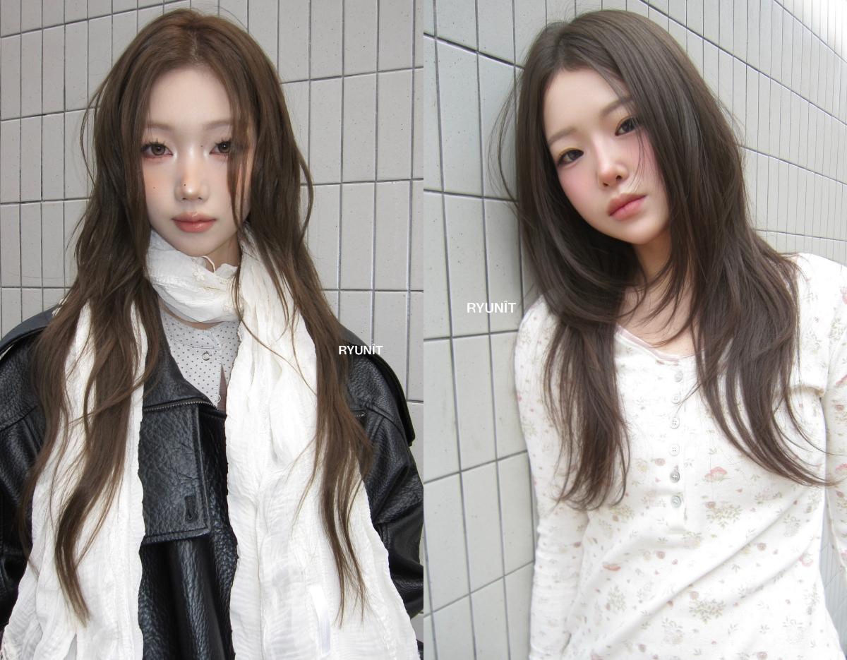 long layered brown hair on two women standing against tiled wall, showing different lengths and soft waves