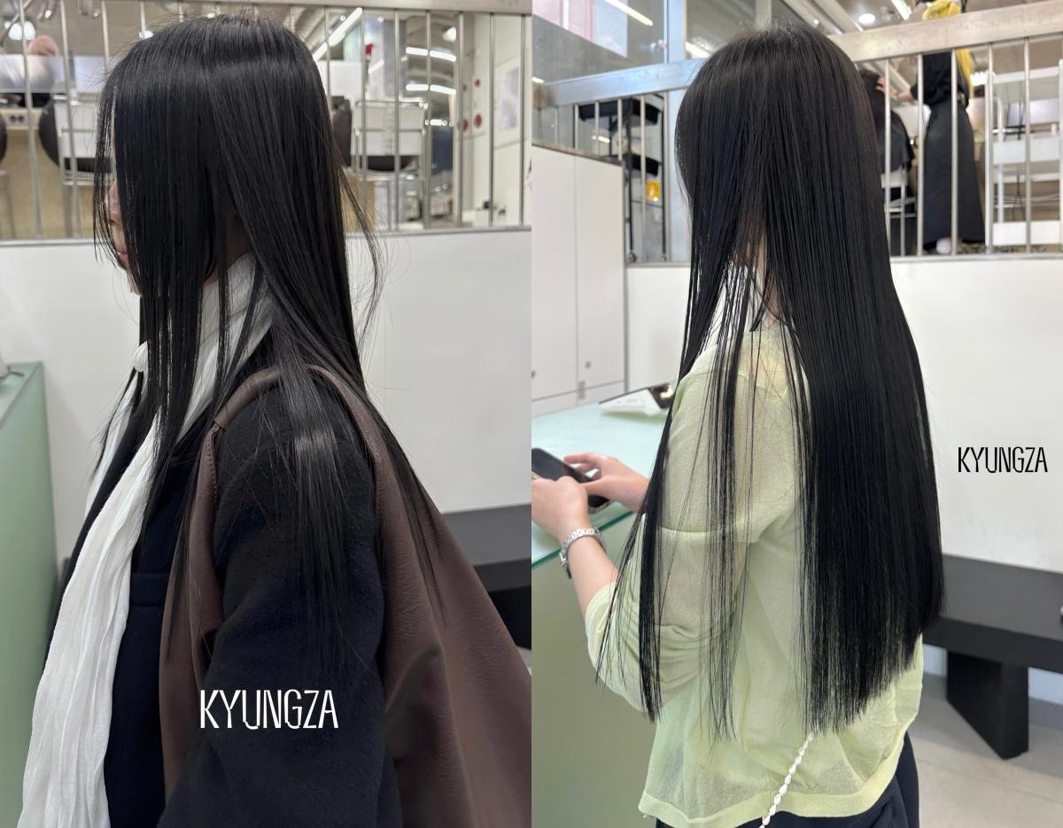 side-by-side salon before-and-after photos showing long, glossy black hair straightened to smooth, even ends at KYUNGZA
