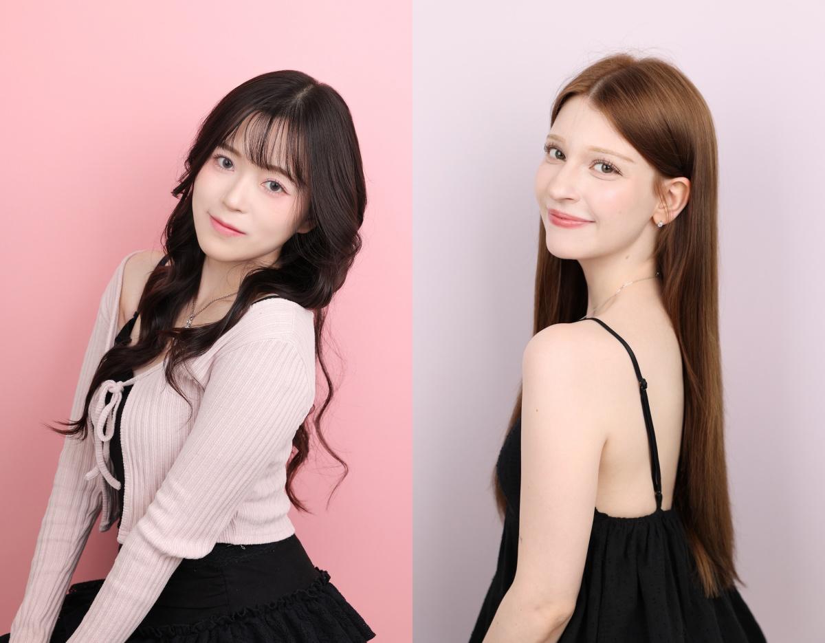 split-frame studio portrait of two women against pastel pink and lavender backdrops, styled hair and soft lighting