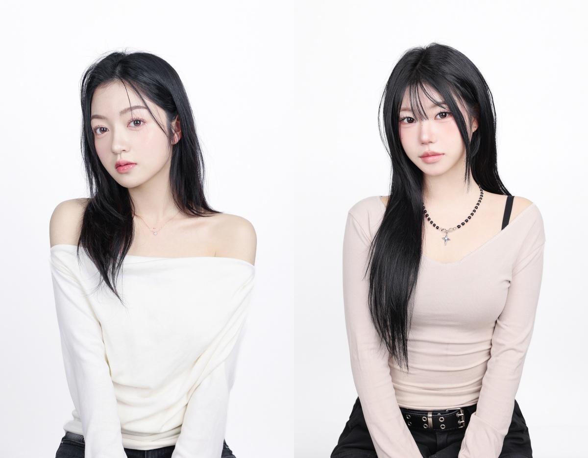 two side-by-side studio portraits of a woman with long black hair wearing off-shoulder white top on left and blush long-sleeve top with necklace on right