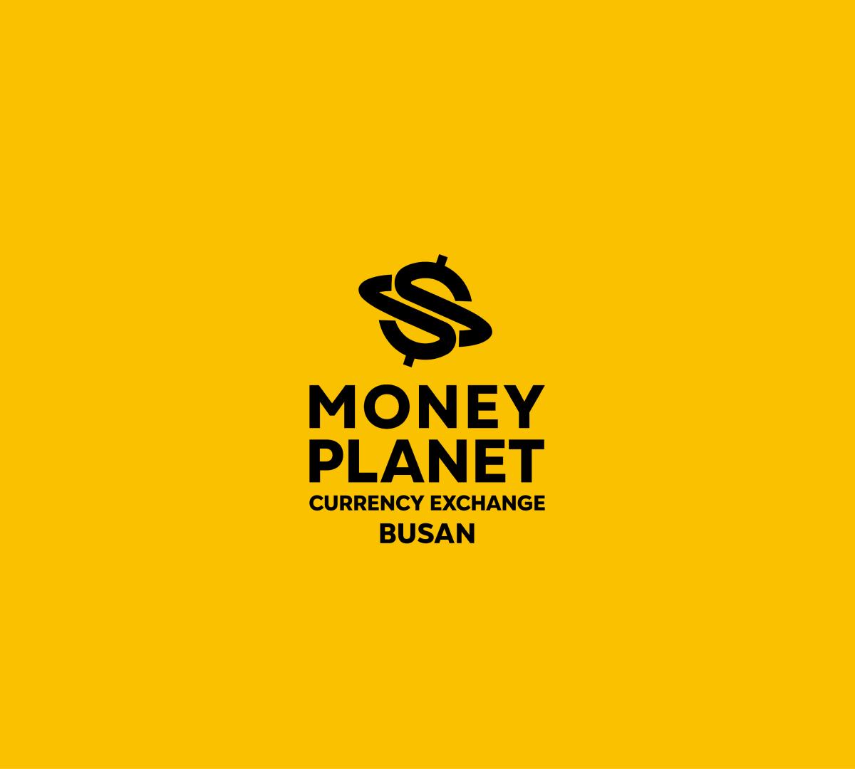 Bright yellow Money Planet currency exchange storefront on a busy Gwangbok-ro shopping street, South Korean flag hanging outside