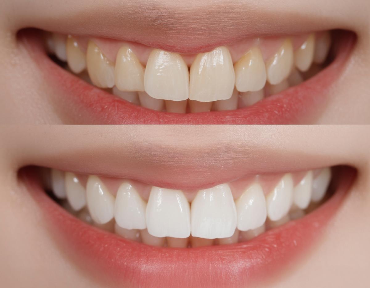before-and-after close-up of a smile showing yellowed upper teeth replaced by evenly shaped, bright white teeth after dental treatment