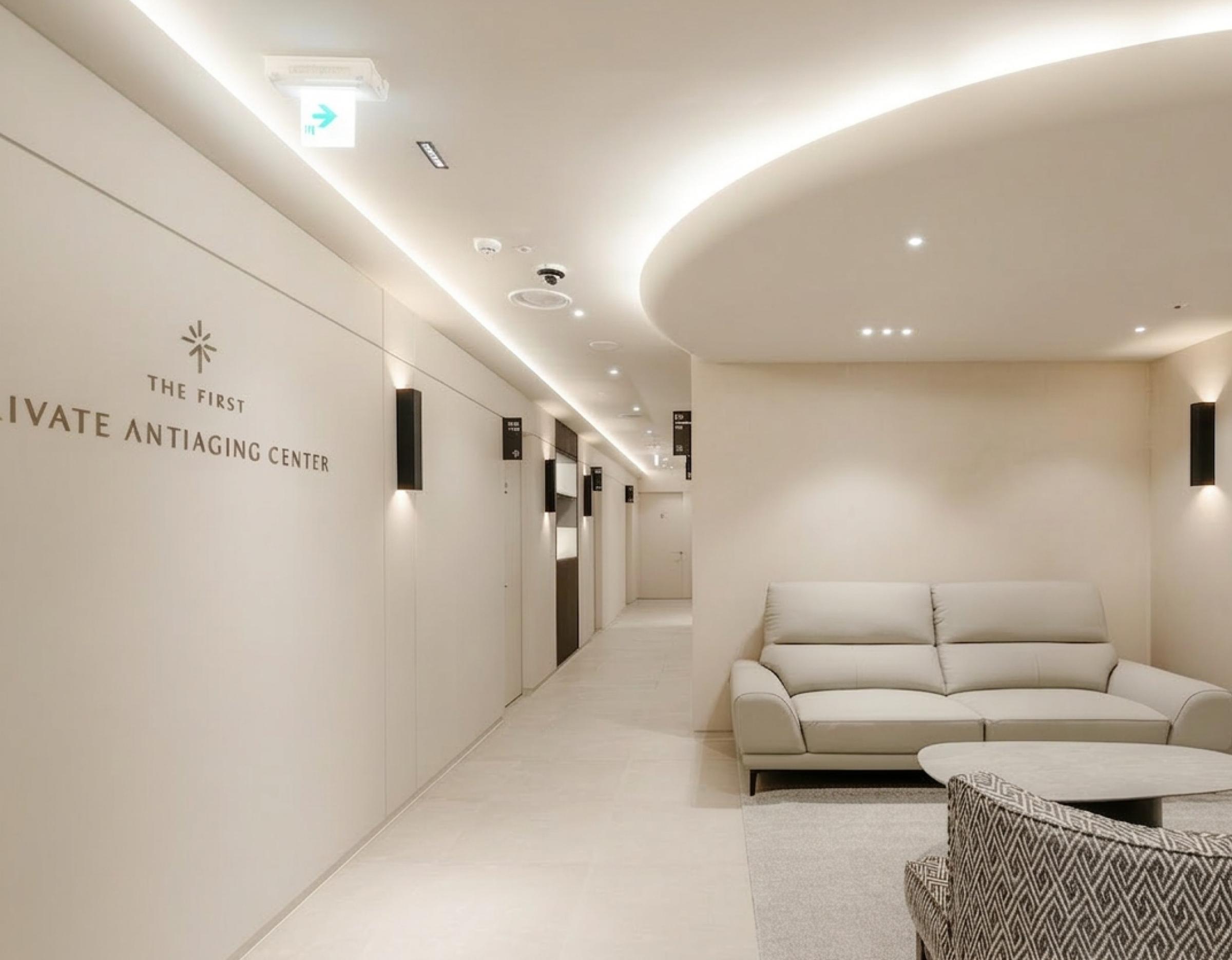 Minimalist beige clinic corridor with recessed lighting, cream sofa and patterned chair in a calming VIP lounge area