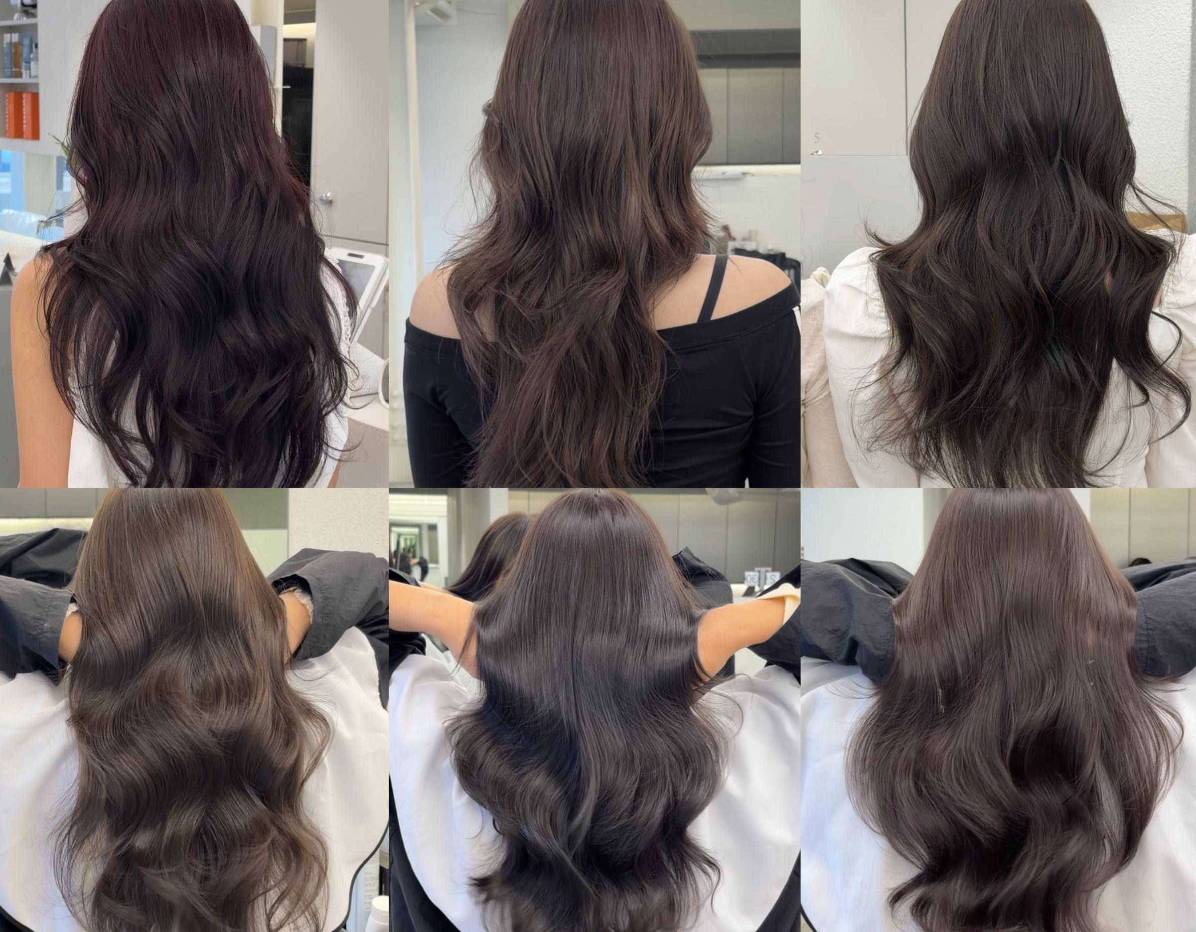 collage of six salon shots showing long, glossy wavy brown hair styles from the back, showcasing soft loose waves and healthy shine