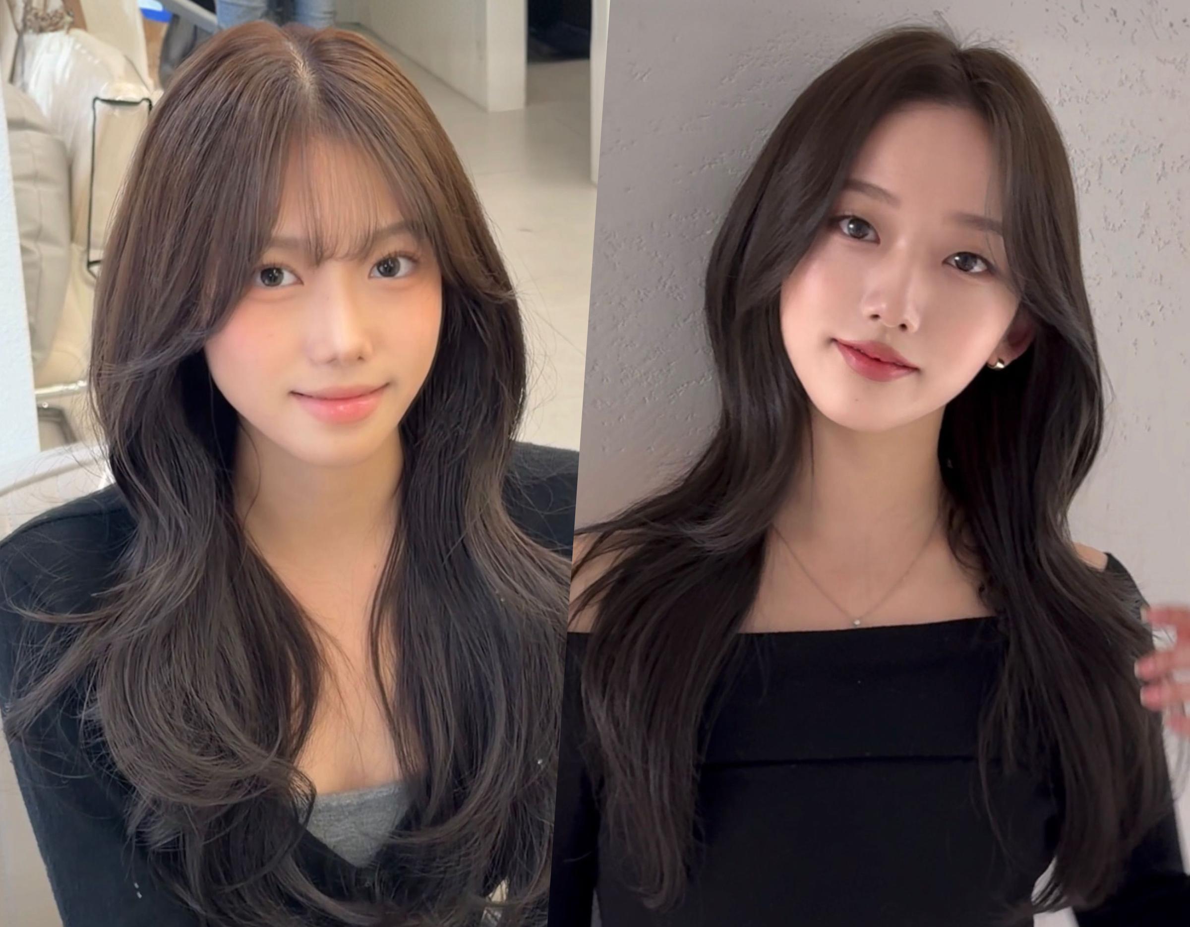 side-by-side before-and-after shots of long layered ash-brown hair with soft face-framing waves and curtain bangs