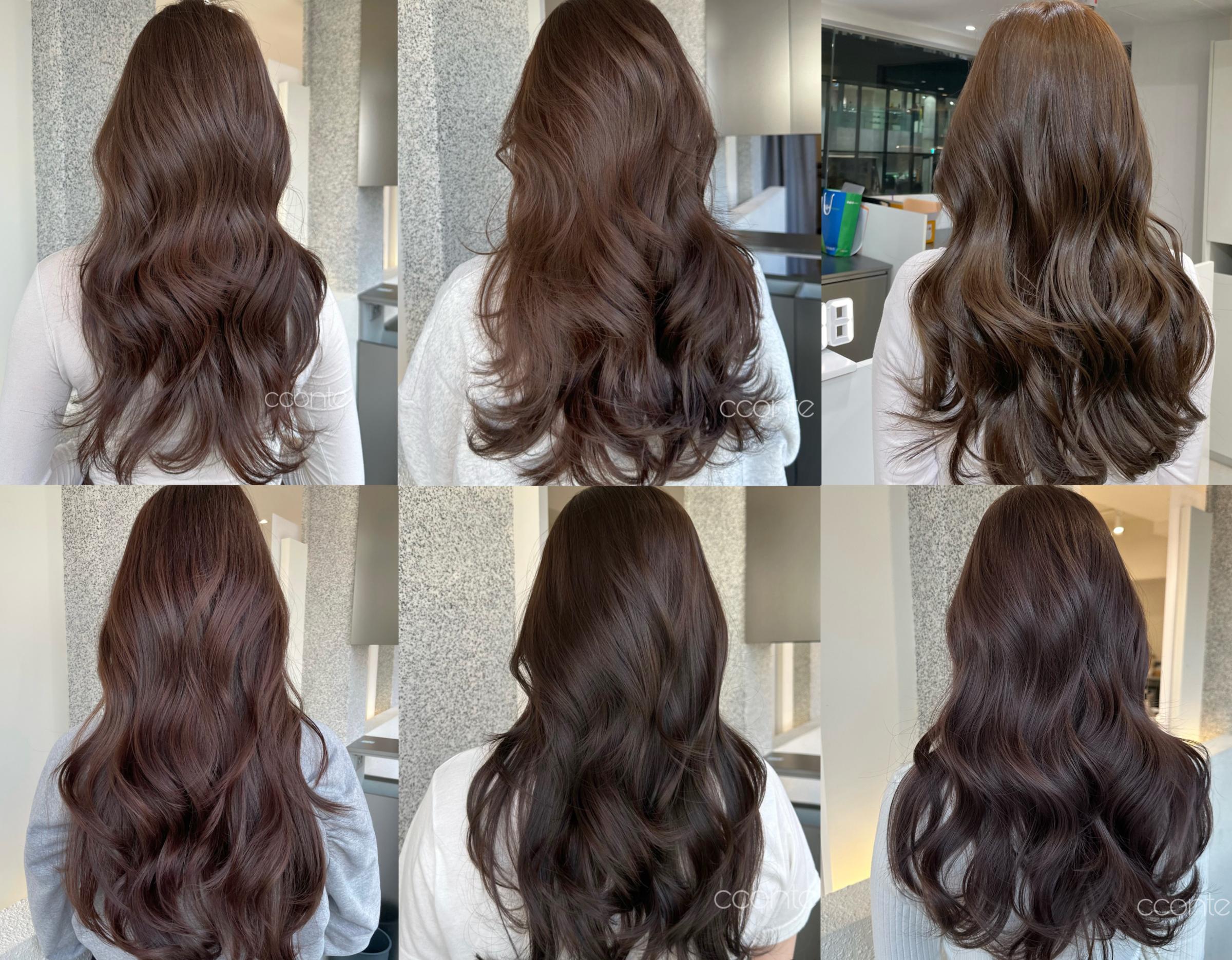 six back-view shots of long, glossy wavy hair in warm brown shades styled with loose salon curls at Shopconte Seongsu Seoul Forest