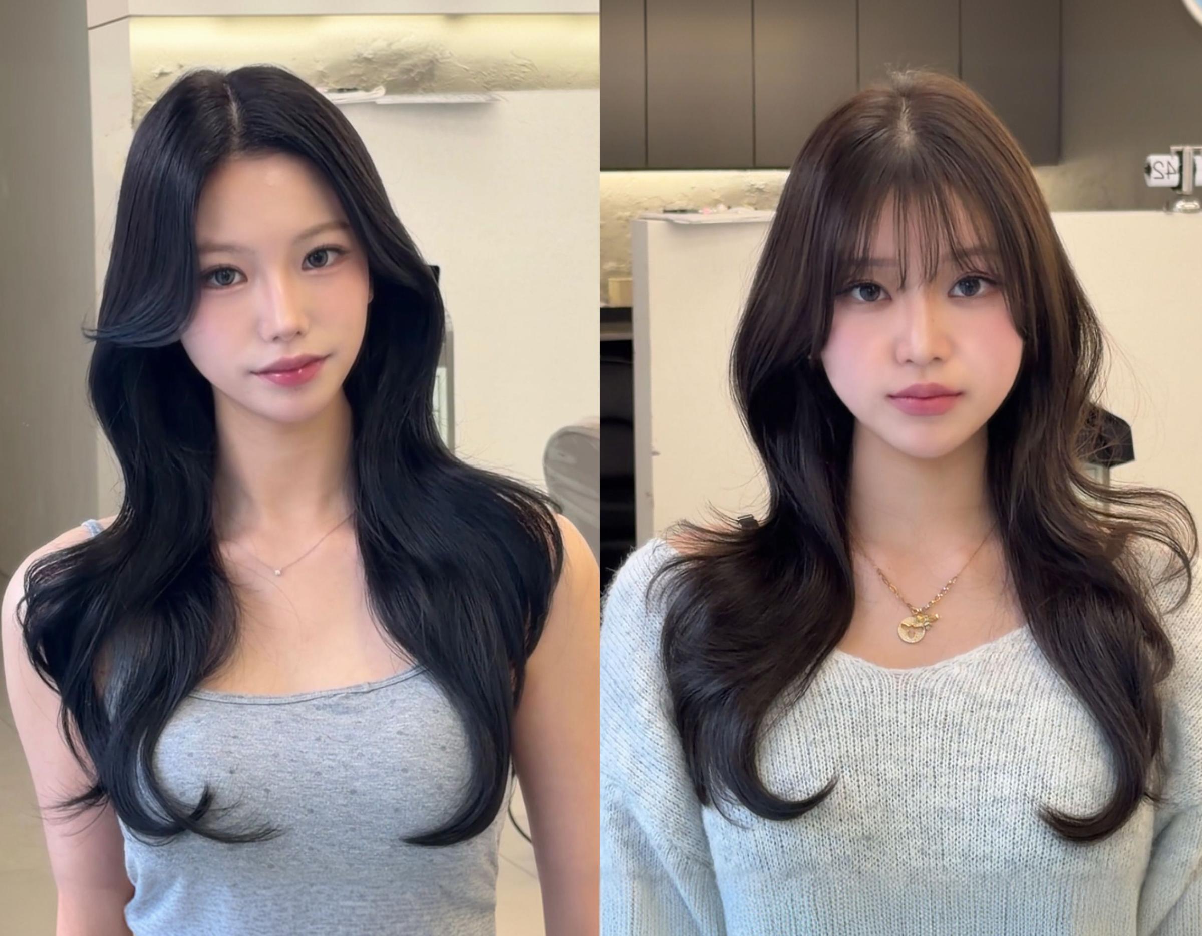 side-by-side before-and-after salon photo of long wavy dark brown hair with soft face-framing layers