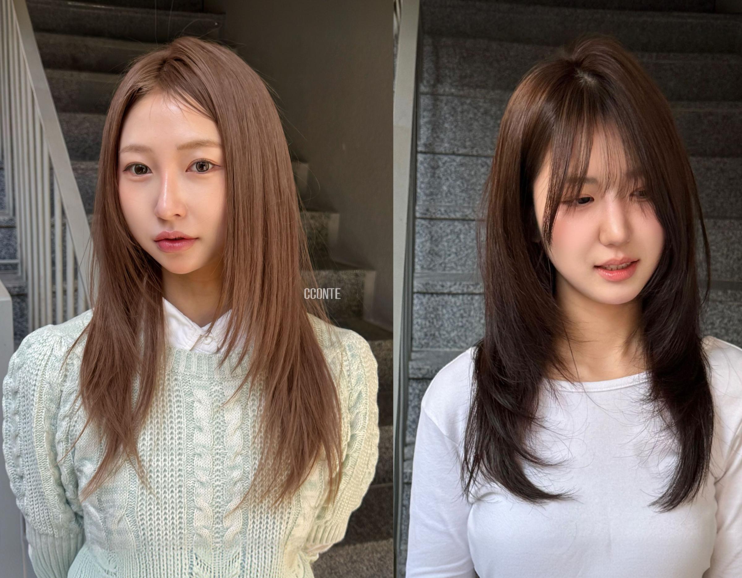 side-by-side before and after salon photos showing two women with long layered hair; left light brown, right darker brown styled ends