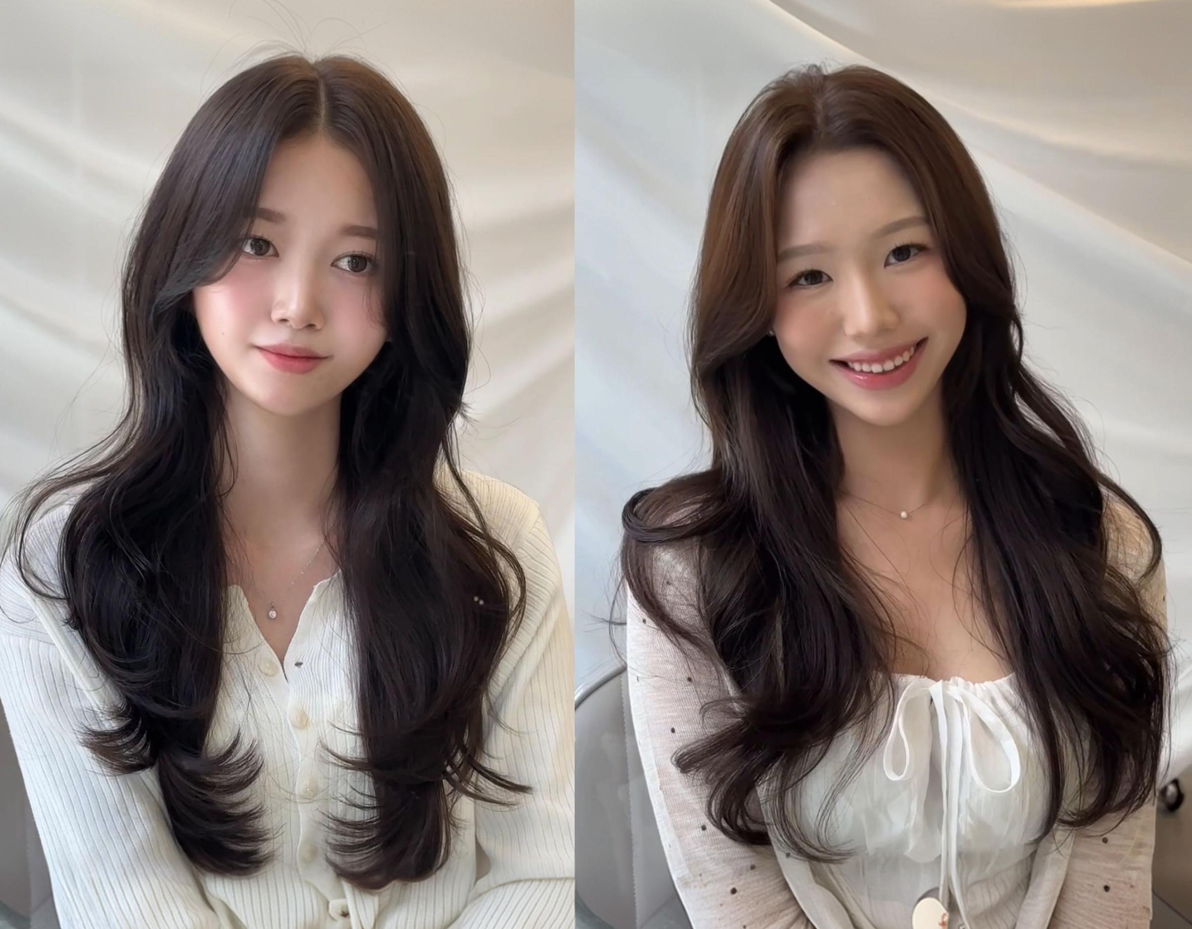 split before-and-after photo of a woman with long, dark brown layered hair styled in soft, voluminous waves, wearing a white top