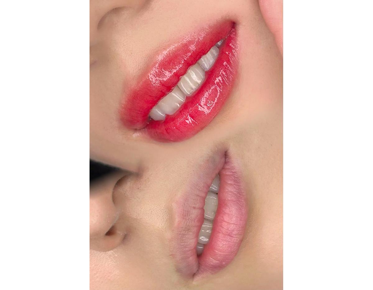 close-up of two sets of lips showing red glossy lipblush on upper set and natural pink tint on lower set