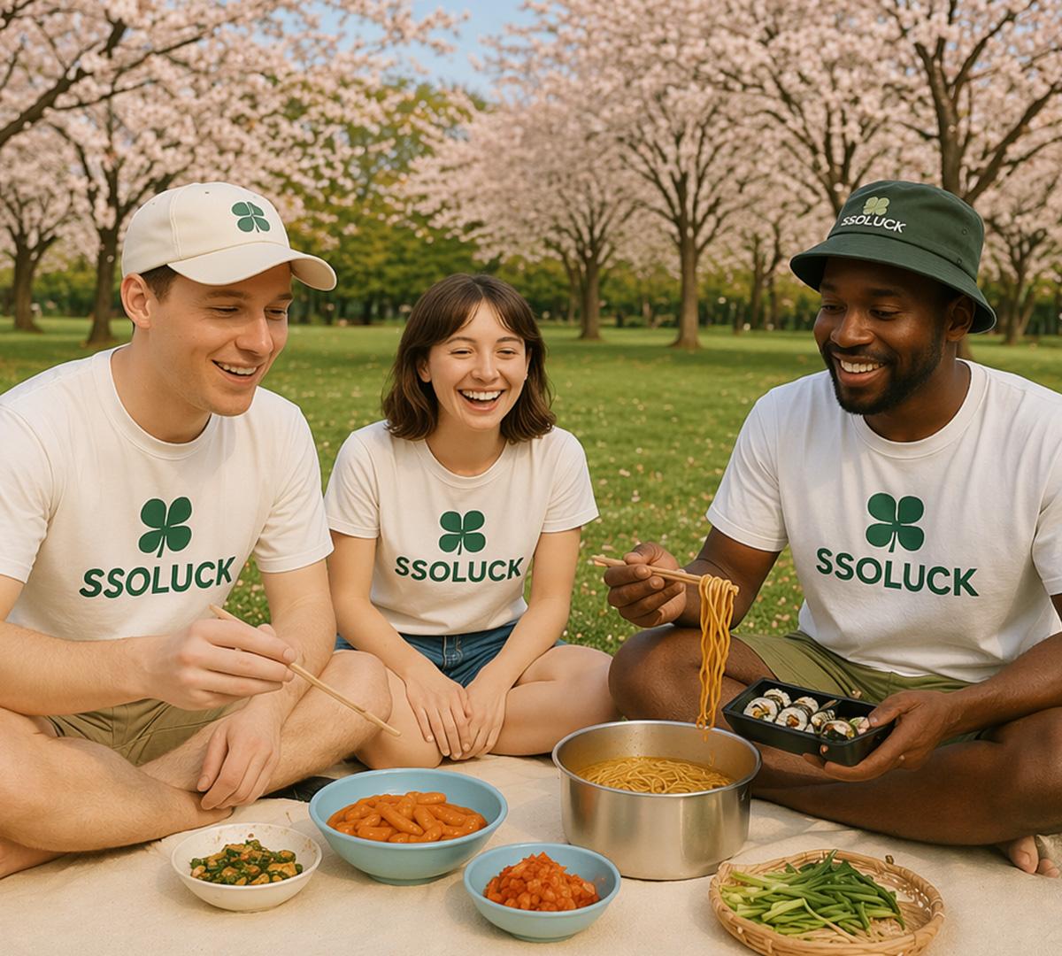 three friends wearing matching "SSOLUCK" shirts picnicking under cherry trees with bowls of Korean dishes and noodles