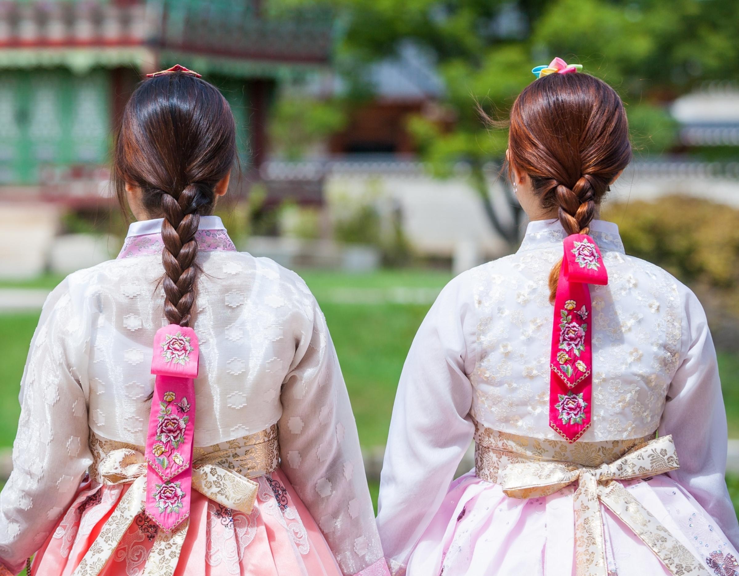 Two women wearing pastel hanbok with braided hair and pink embroidered norigae hanging from their braids, seen from behind in a palace garden