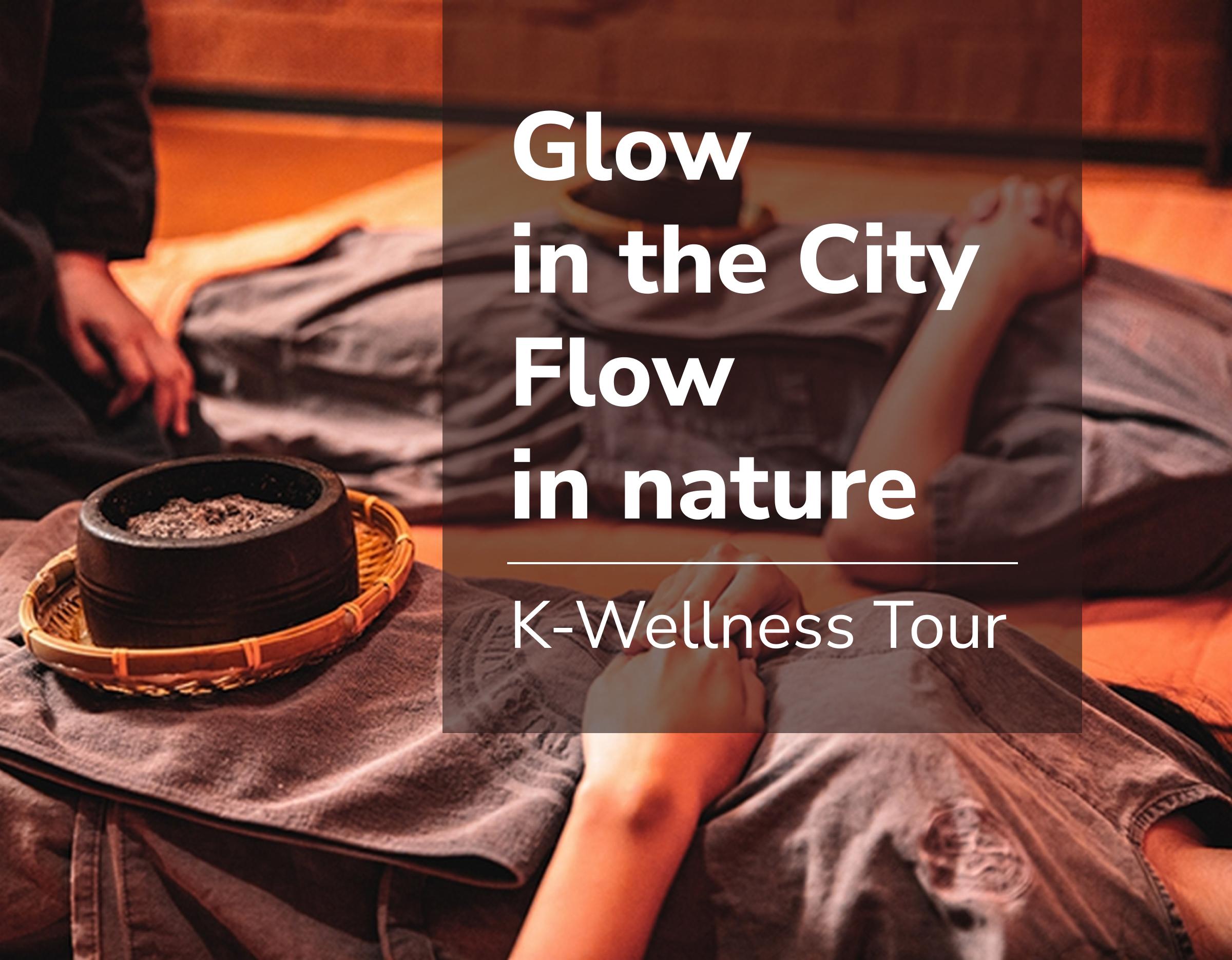 two people lying on spa beds holding hands with herbal bowl on tray, overlaid text "Glow in the City Flow in nature