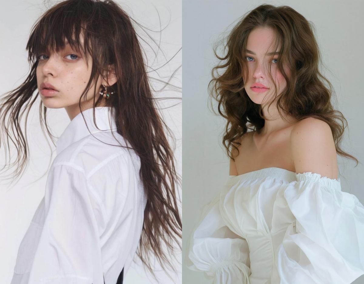 左右分割畫面，左側為長直深棕髮女性側臉穿白襯衫，髮絲飄逸；右側為肩裸白色蓬袖洋裝、捲髮女性半身像。
