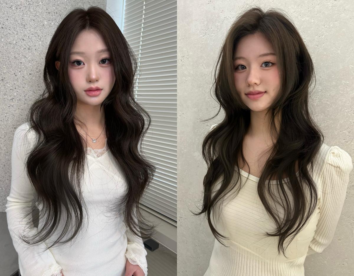 左右對照兩張長髮示範照，深棕色層次大波浪髮型，臉部打碼、模特身穿白色上衣，背景為淺色牆面和窗簾