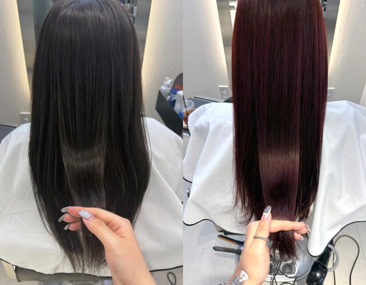 分割對照圖：左側深棕色順滑長髮，右側染成亮紫紅色，髮尾被手指輕捋呈現光澤對比，背景為沙龍座椅。