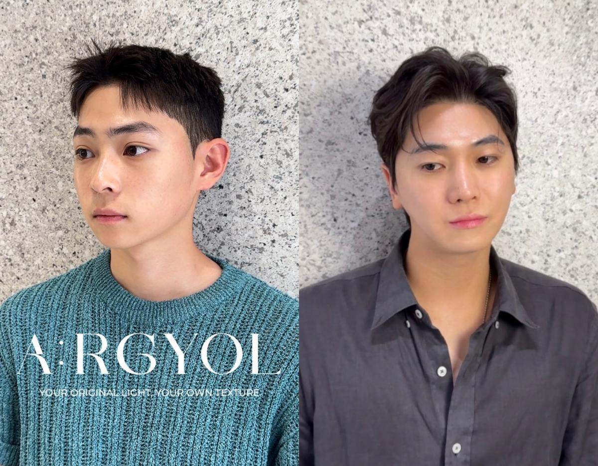 牆面前左右並列兩位男性模特兒髮型示範，左側短髮乾淨俐落、右側中長分頭微卷層次感，底部有 ARG YOL 店名文字標示