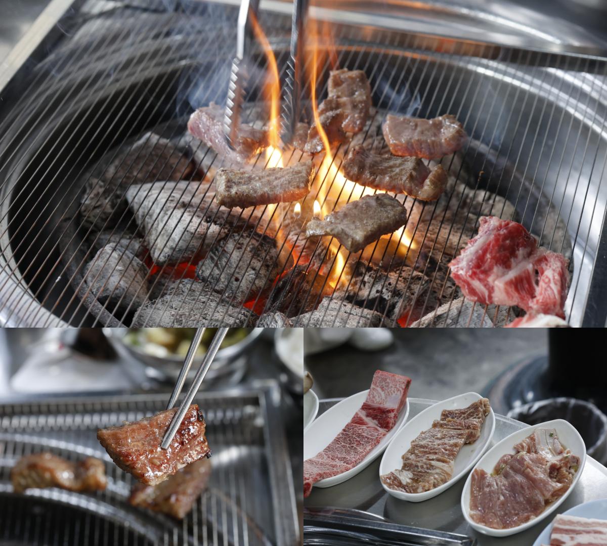 charcoal grill with flaming coals and pieces of beef grilling; plates of raw marbled 한우 and seasoned ribs nearby