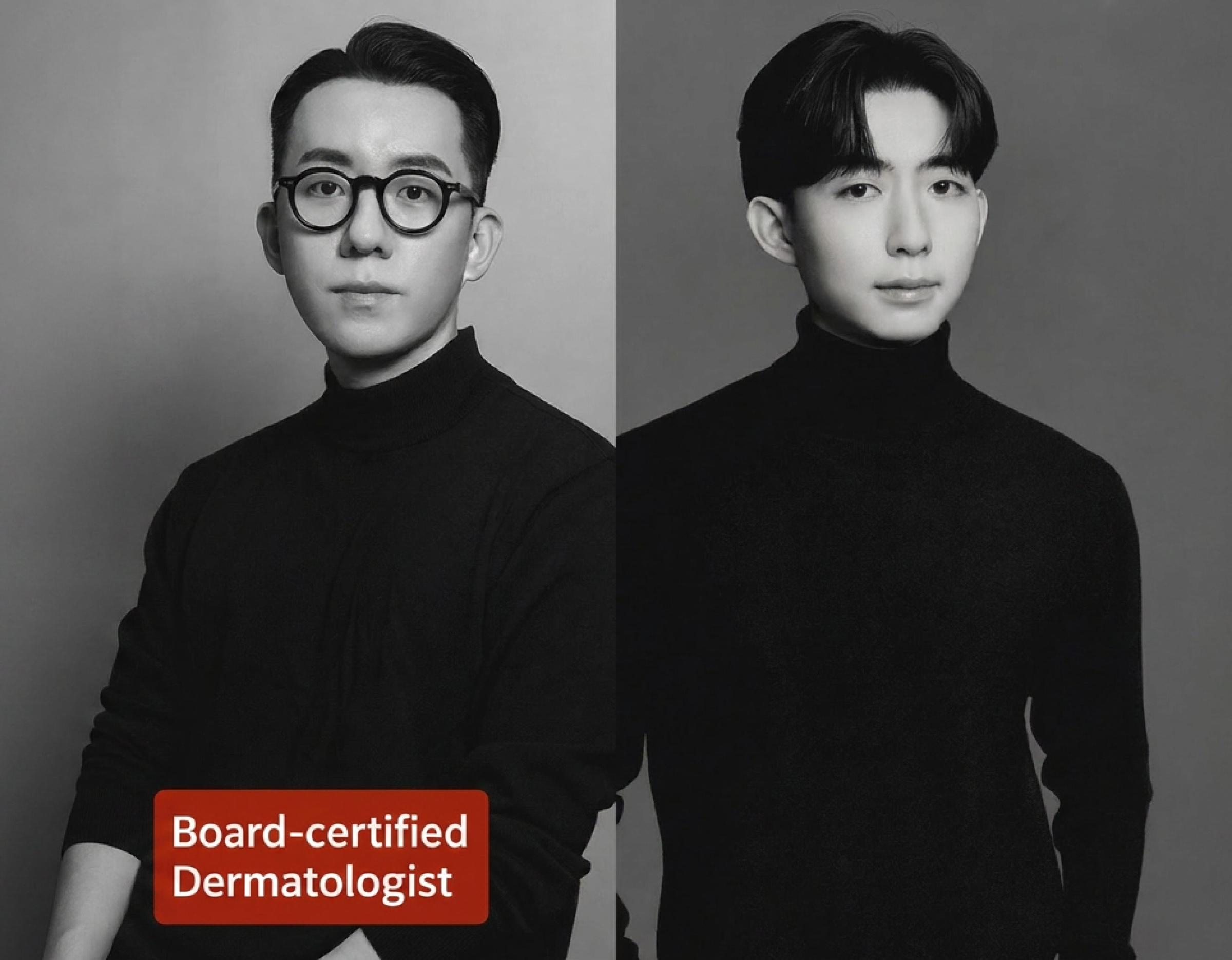 Black-and-white split image of a man in a dark turtleneck shown in two poses, red label reading "Board-certified Dermatologist