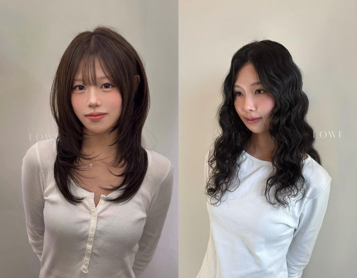 split image showing two women in white tops with different hair styles: left straight layered shoulder-length, right long wavy dark hair