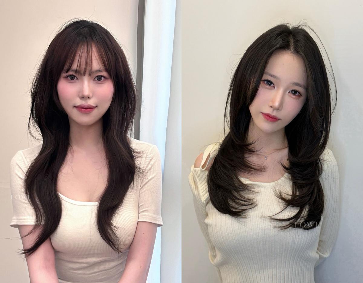 before-and-after view of long dark layered haircut with soft curtain bangs and flipped ends on woman wearing cream top