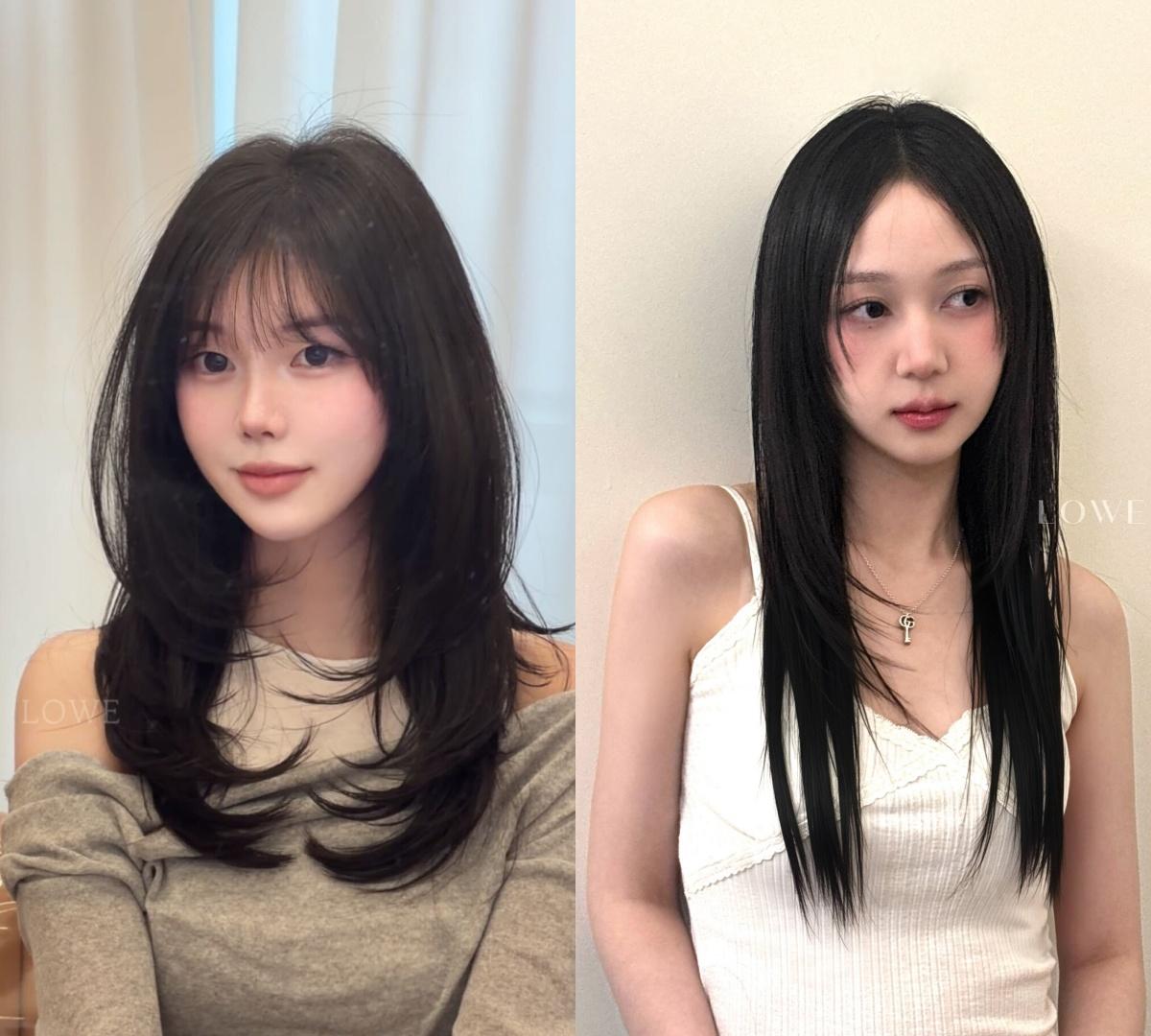 LOWE Hongdae before-and-after: left layered medium-length haircut with feathered ends, right sleek long straight hair on model.