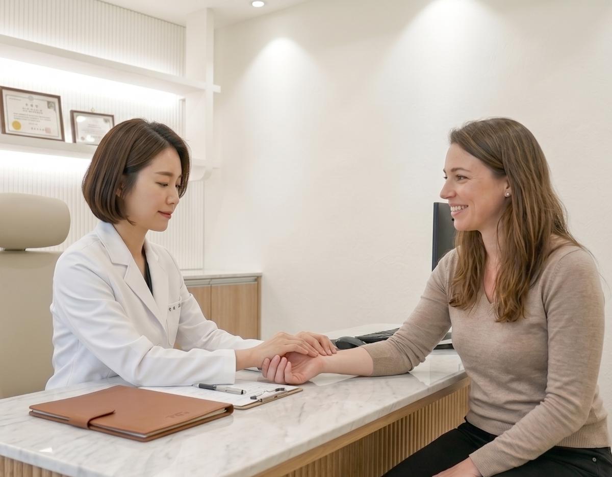 케이한의원 상담실에서 흰 가운 한의사가 앉아 외국인 환자의 손목을 잡고 1:1 진료하는 장면