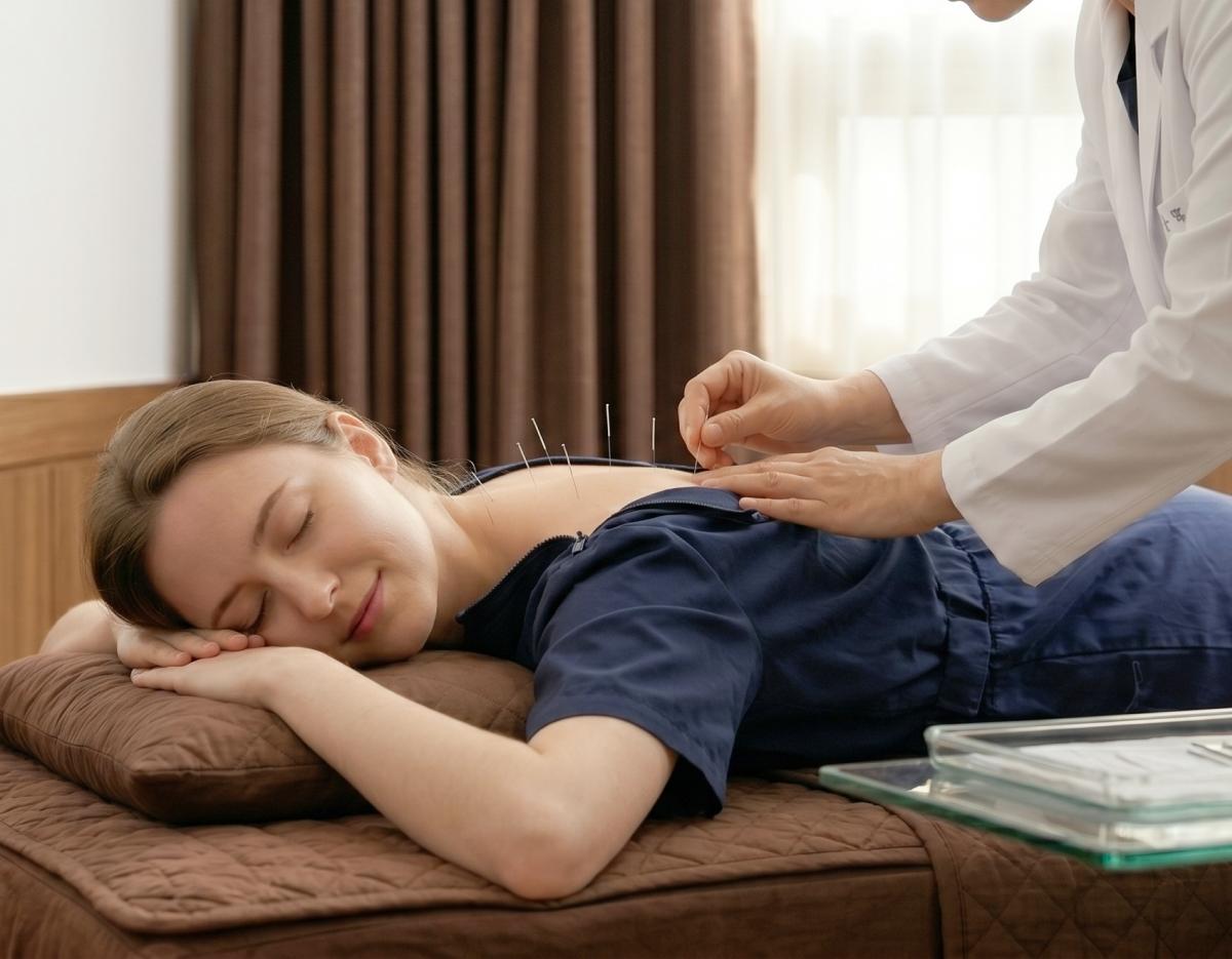 patient lying face down on padded table receiving acupuncture needles along upper back from a practitioner in white coat