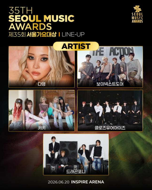 35th Seoul Music Awards lineup poster with six artist photo panels and event date 2026.06.20 Inspire Arena.