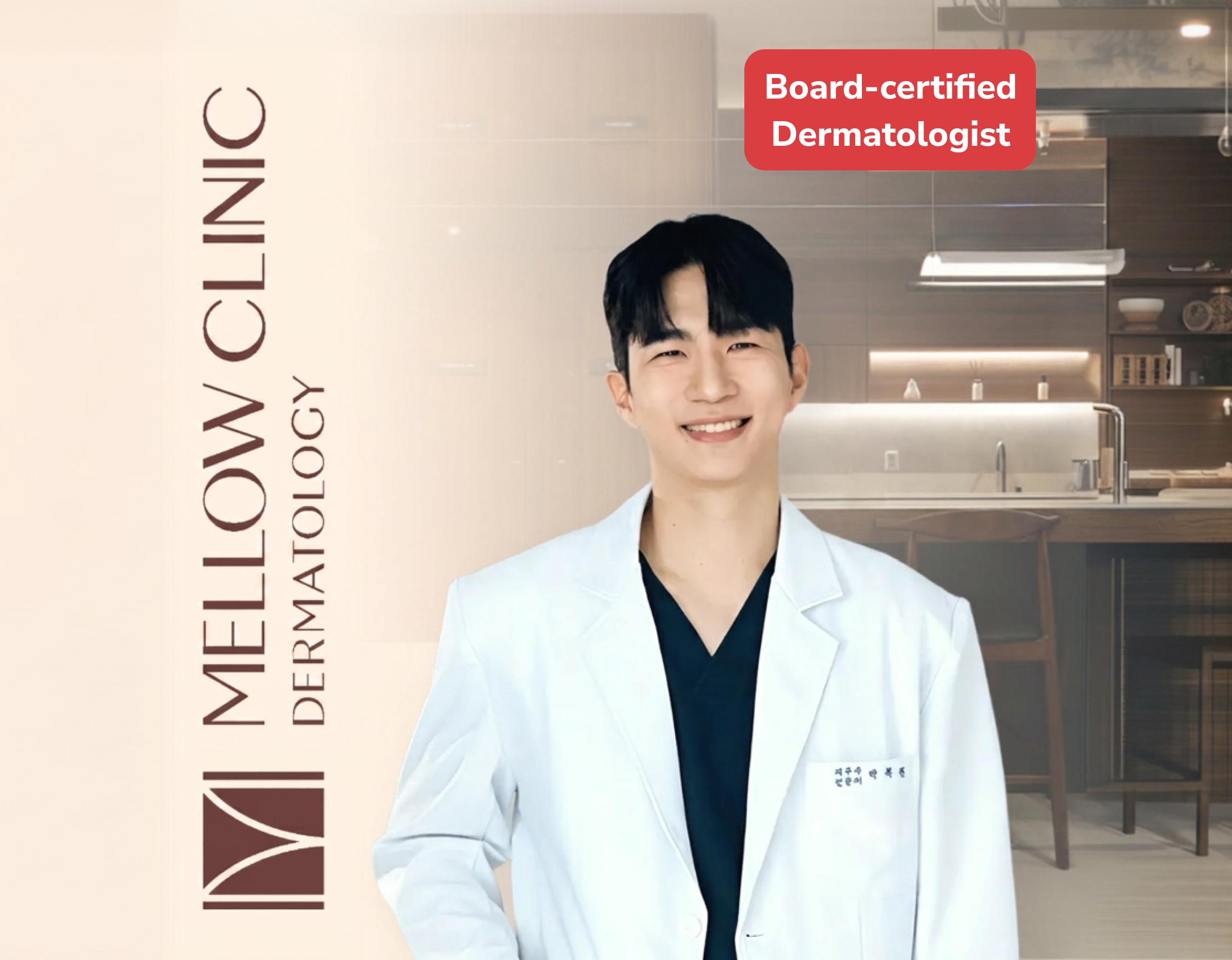 MELLOW CLINIC signage at left with blurred-faced dermatologist in white coat standing against a warm-toned clinic reception/kitchen backdrop