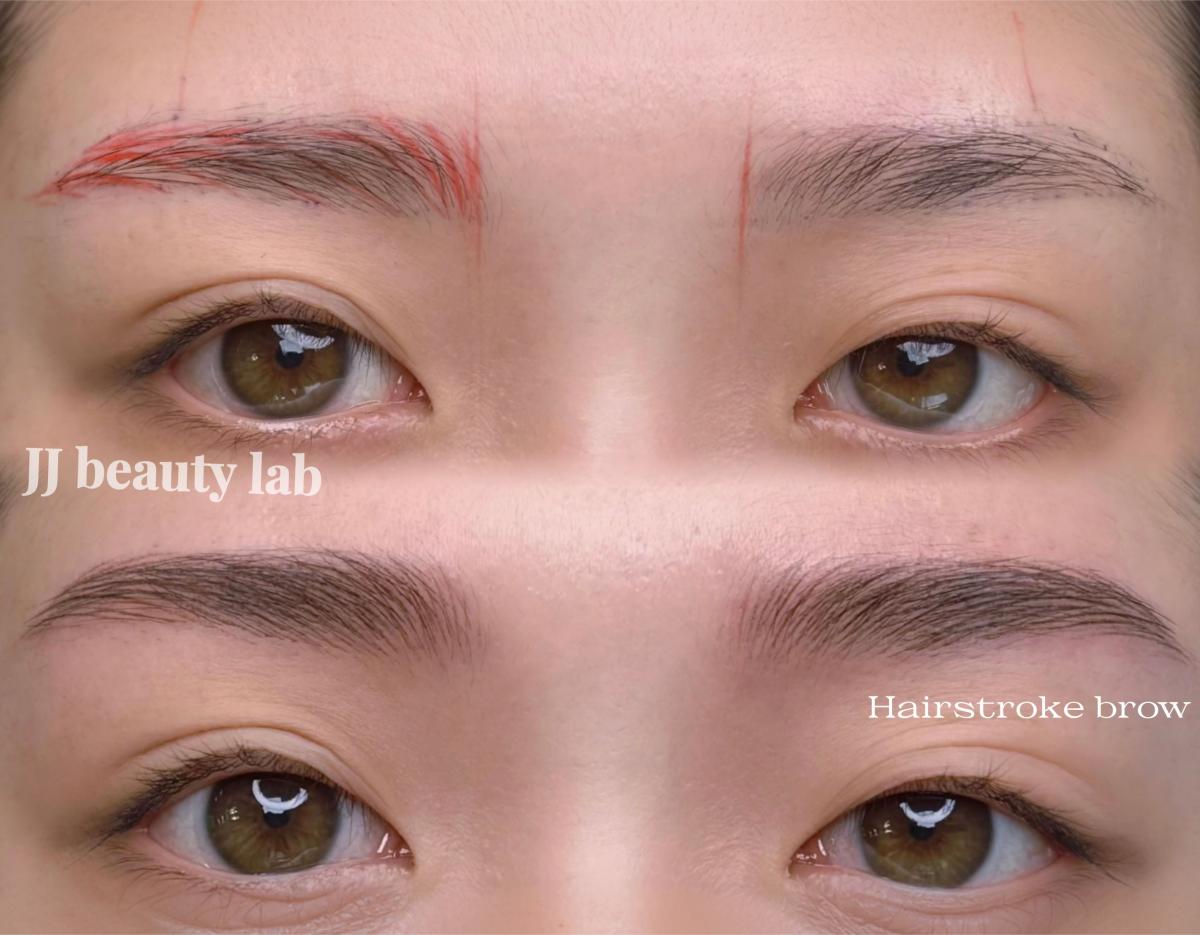 Close-up before-and-after eyebrow microblading on a brown-eyed client, red guideline marks above natural brow hair, labeled "JJ beauty lab