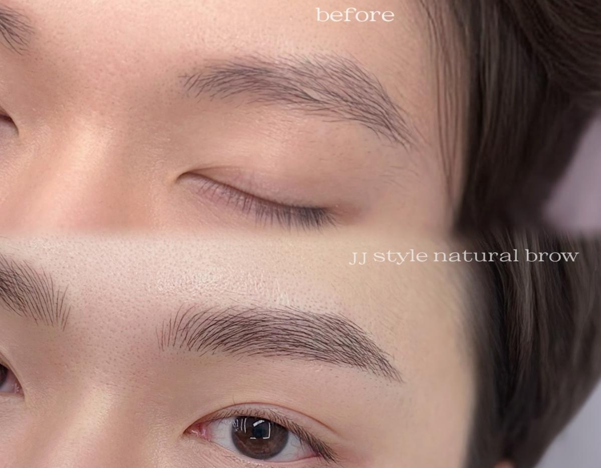close-up before-and-after of eyebrow permanent makeup showing sparse natural brows (top) and fuller JJ style natural brows (bottom)