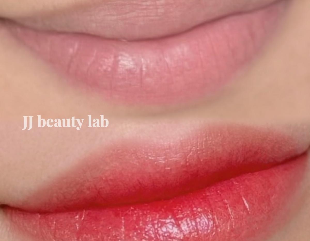 Close-up before-and-after lips showing natural upper lip and gradient red tinted permanent makeup by JJ beauty lab.