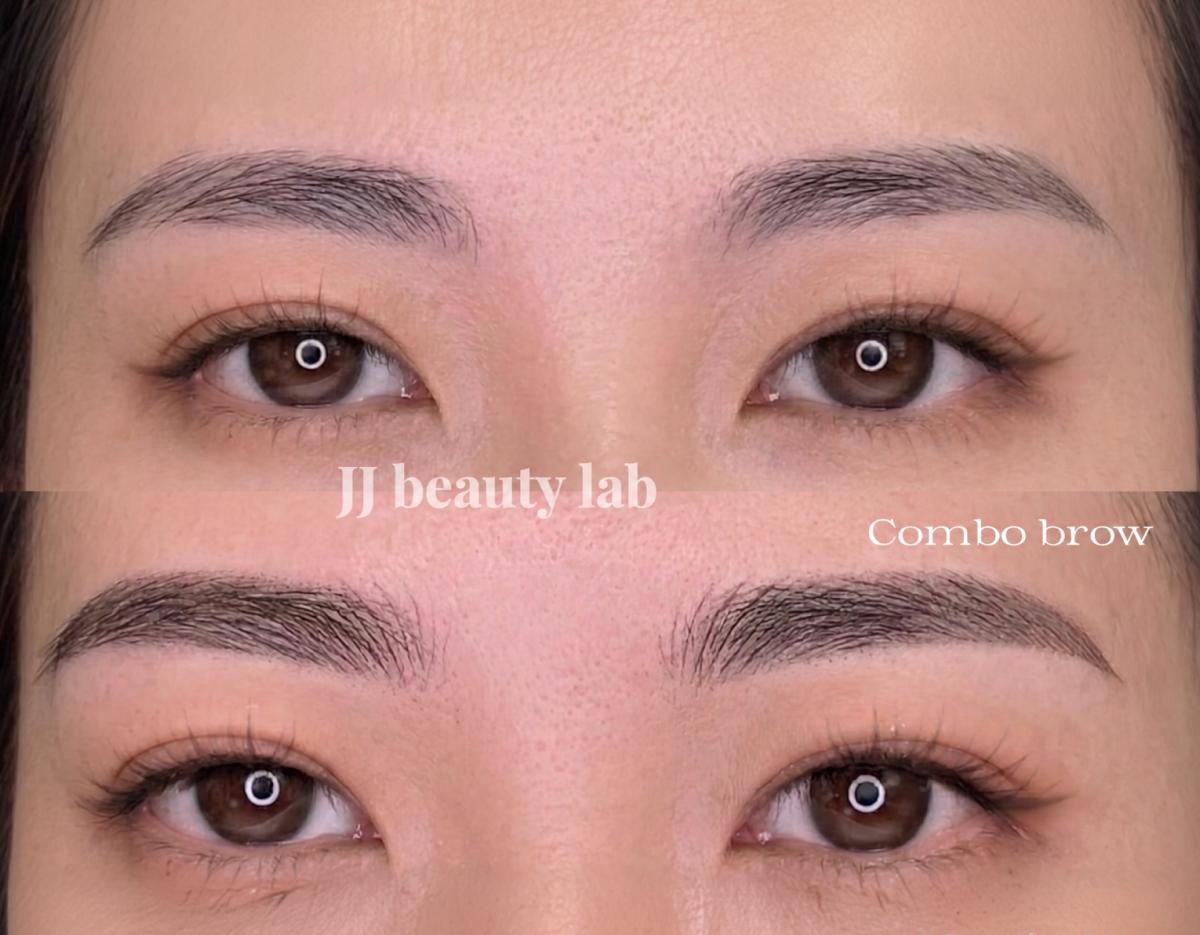 close-up of a forehead and eyebrow area with a beige square overlay covering center, showing natural eyebrow edges on left and right