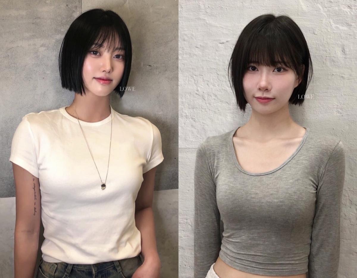 split before-and-after images of a woman with short blunt black bob; left wears white tee and necklace, right wears gray long-sleeve crop top