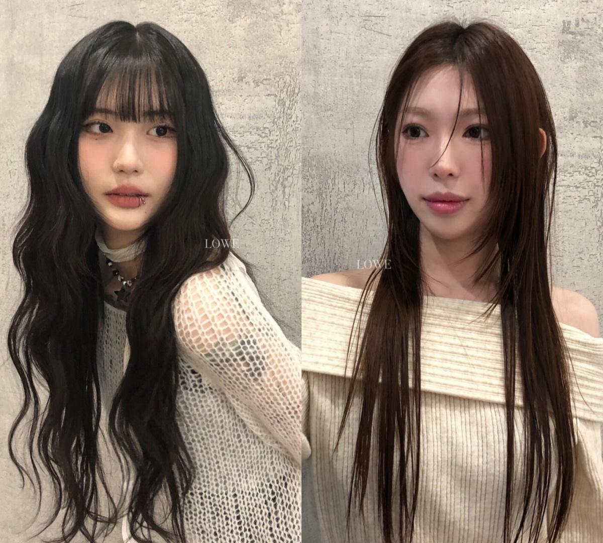 side-by-side before-and-after salon shots: left long dark wavy layered perm, right sleek straight long brown hair with subtle layers